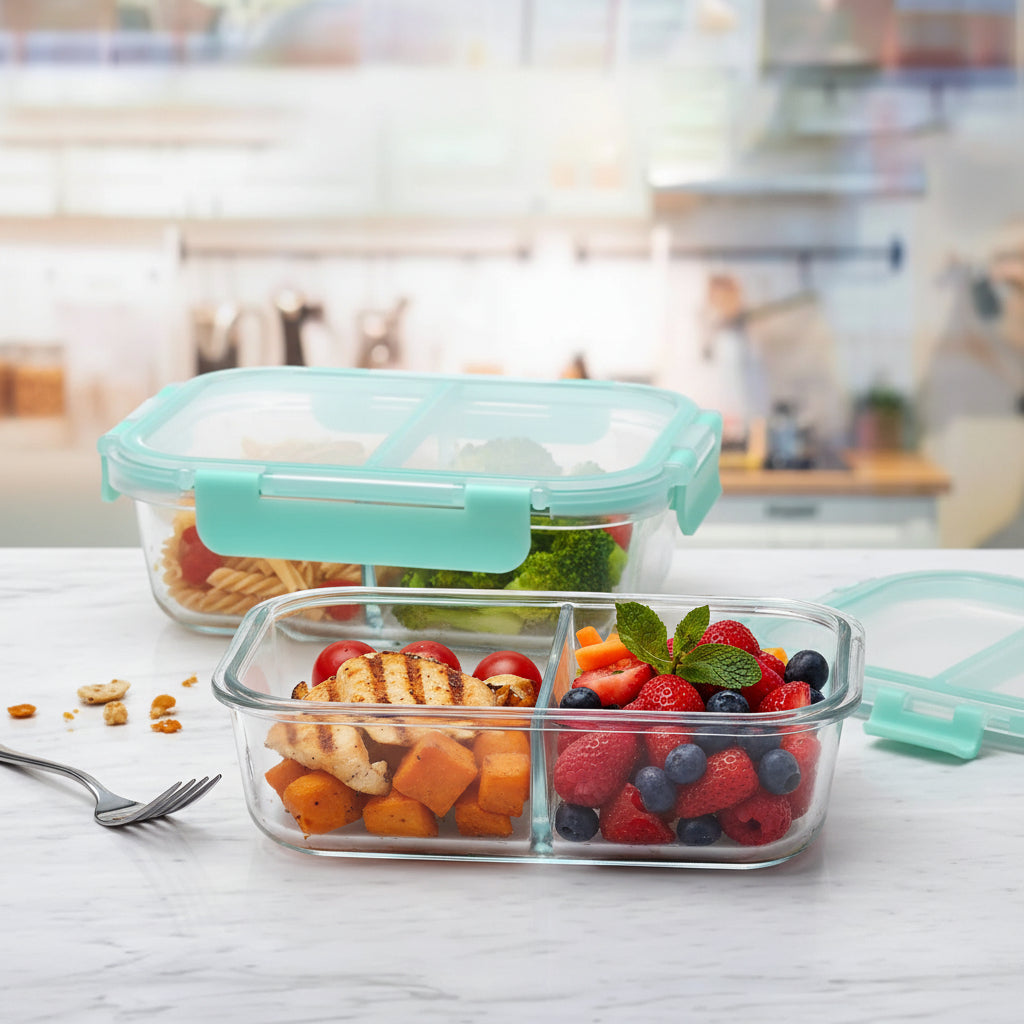 Glass Microwave Safe Office Lunch Box, 570 ml, 2 Compartments, Safety Lock, Transparent