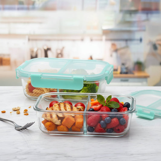 Glass Microwave Safe Office Lunch Box, 570 ml, 2 Compartments, Safety Lock, Transparent
