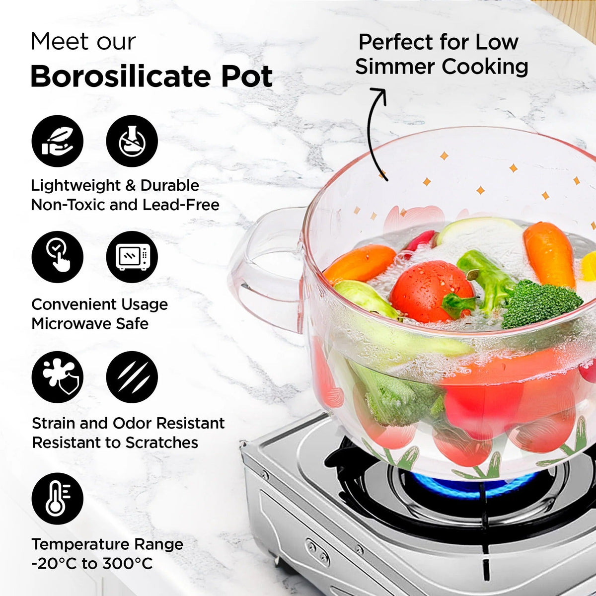 Borosilicate Glass Saucepan 1.45L with Lid Handle Gas Stove Microwave Safe Red Green