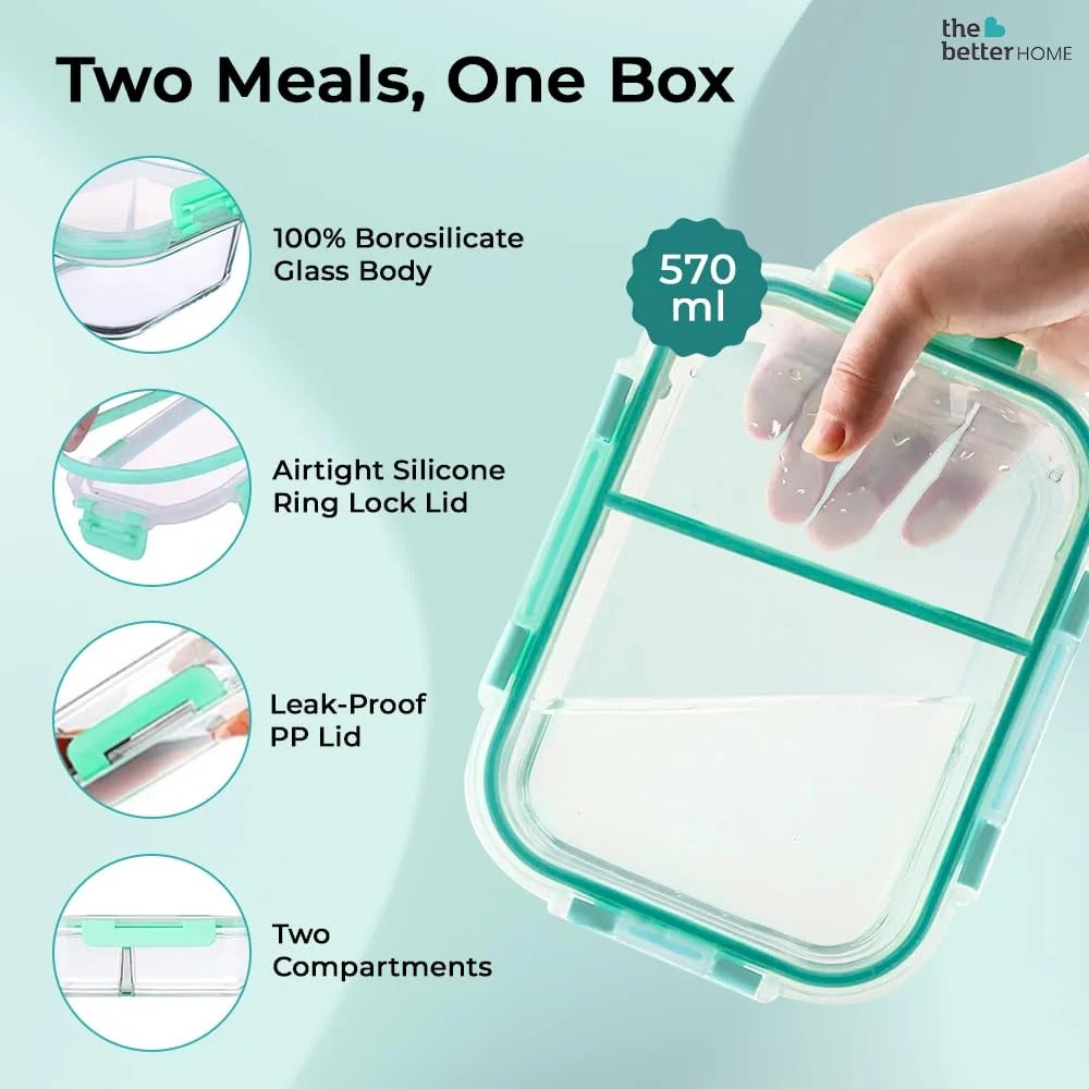 Glass Microwave Safe Office Lunch Box, 570 ml, 2 Compartments, Safety Lock, Transparent