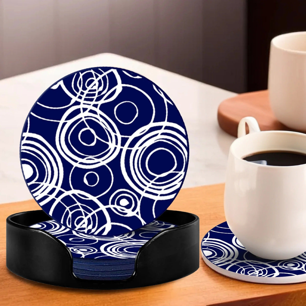 Silicone Coaster Set of 6 10 cm with Plastic Holder Dining Table Navy White Unique Design