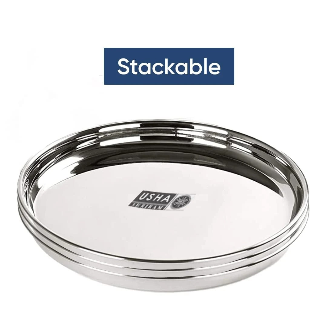 Stainless Steel Plate Set 29 cm 6pcs Heavy Gauge Deep Base Glossy Finish Durable Stackable