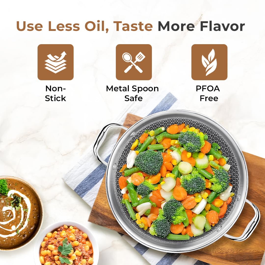 Tri-Ply HoneyComb 3-Pc Cookware Set 26 cm Fry Pan, 26 cm Kadai with Lid and 29 cm Dosa Tawa, Non-Stick