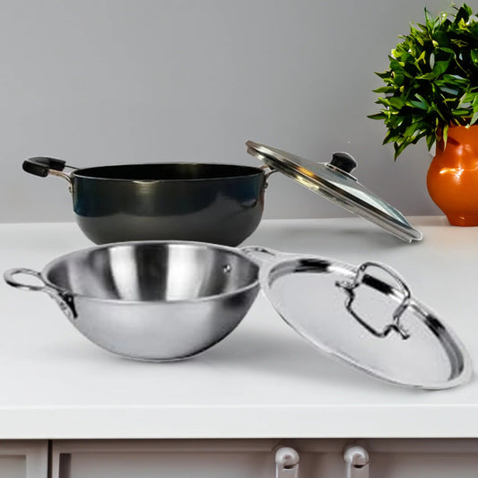 Triply SS Kadai 2.6L + Non-Stick Kadai 2.8L with Lid Combo Stove Induction