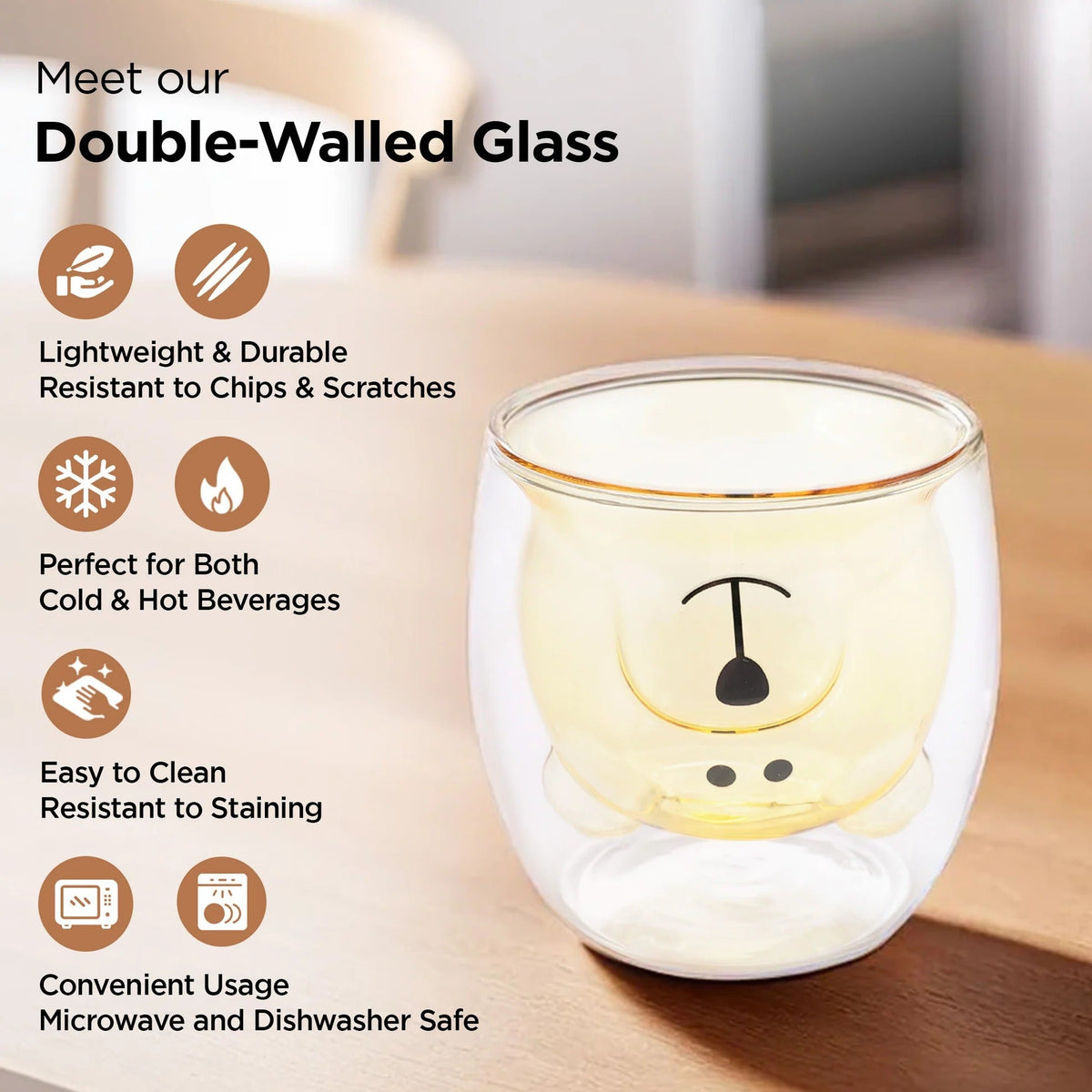 Cute Teddy Bear Double Walled Borosilicate Glass Mug Set of 2 (250 ml), Yellow