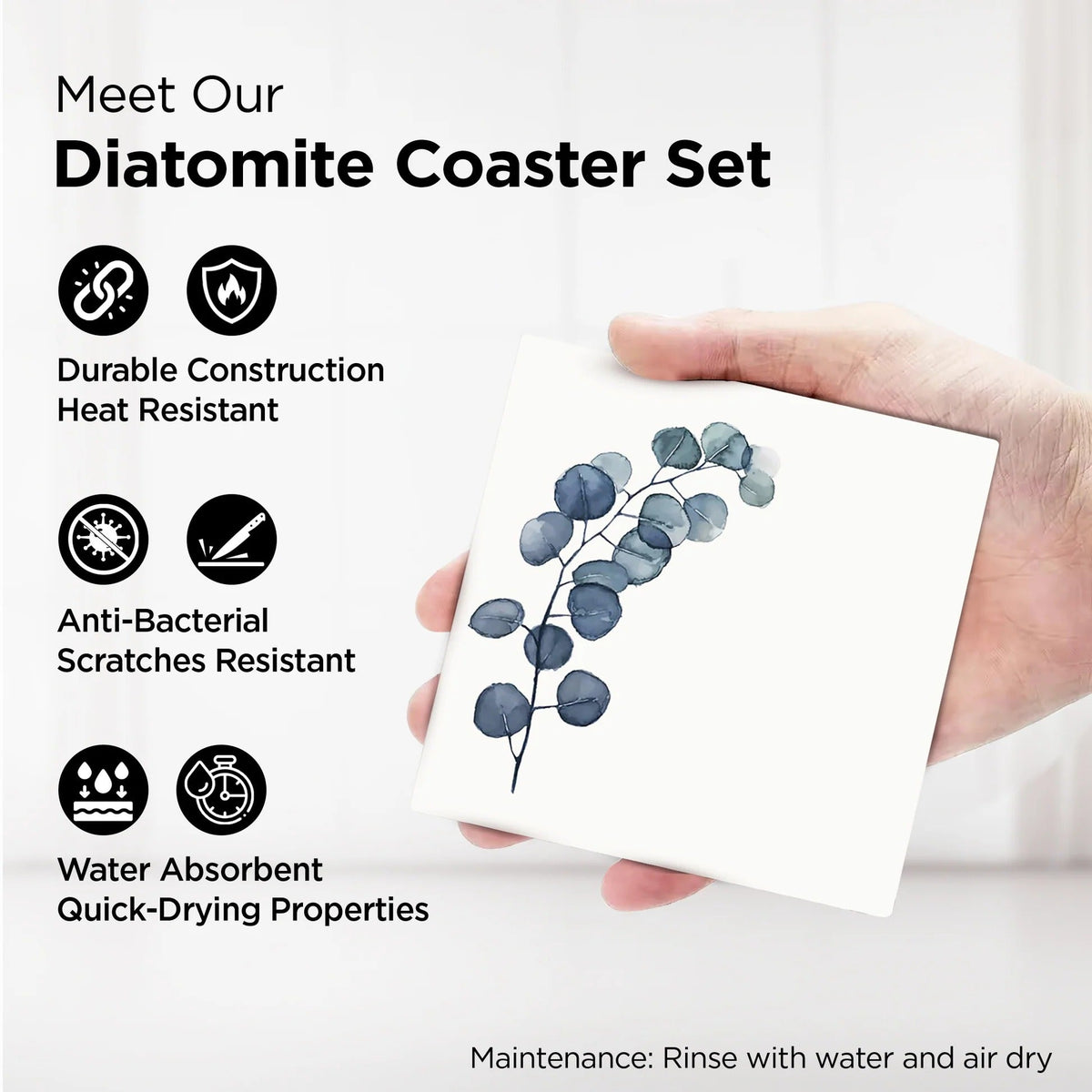 Diatomite Coasters Set of 6 with Holder 10 cm 8 mm Thick White Dining Table Absorbent