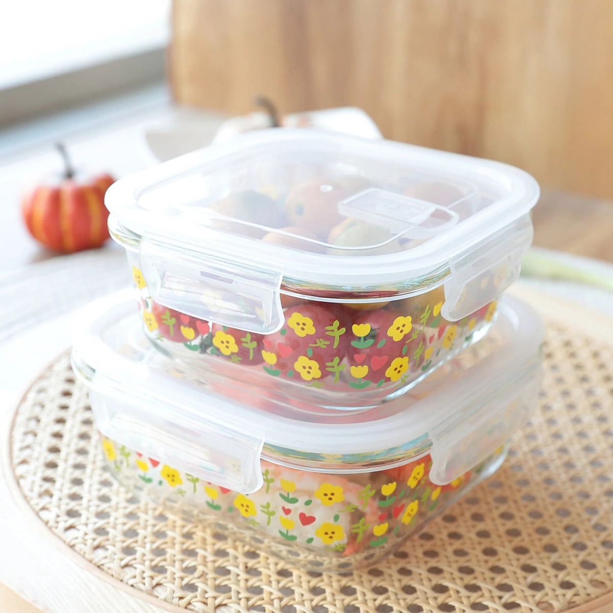 Pack of 2 Square Printed Borosilicate Kitchen Containers, 310 ml & 525 ml, Airvent Lid, Pink
