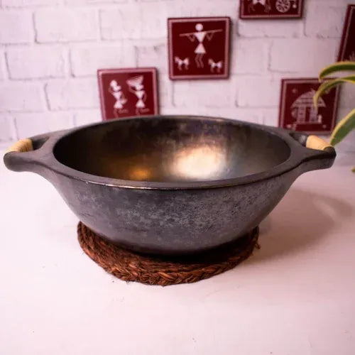 Wok Manipur Longpi Black Pottery with Wooden Handles