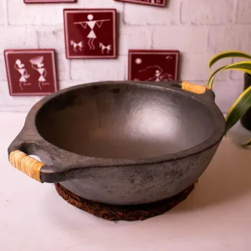 Wok Manipur Longpi Black Pottery with Wooden Handles
