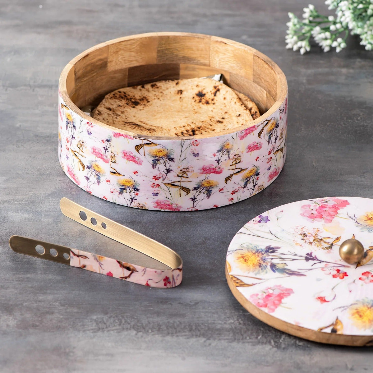 Roti Box With Tong Pink Teak Wood Enamel Print