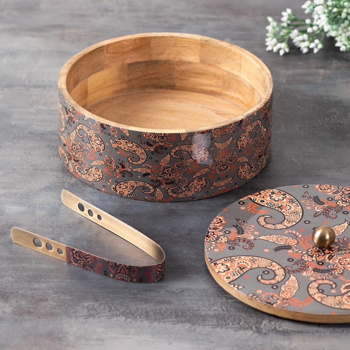 Teak Wood Roti Box with Tong Grey Enamel Print