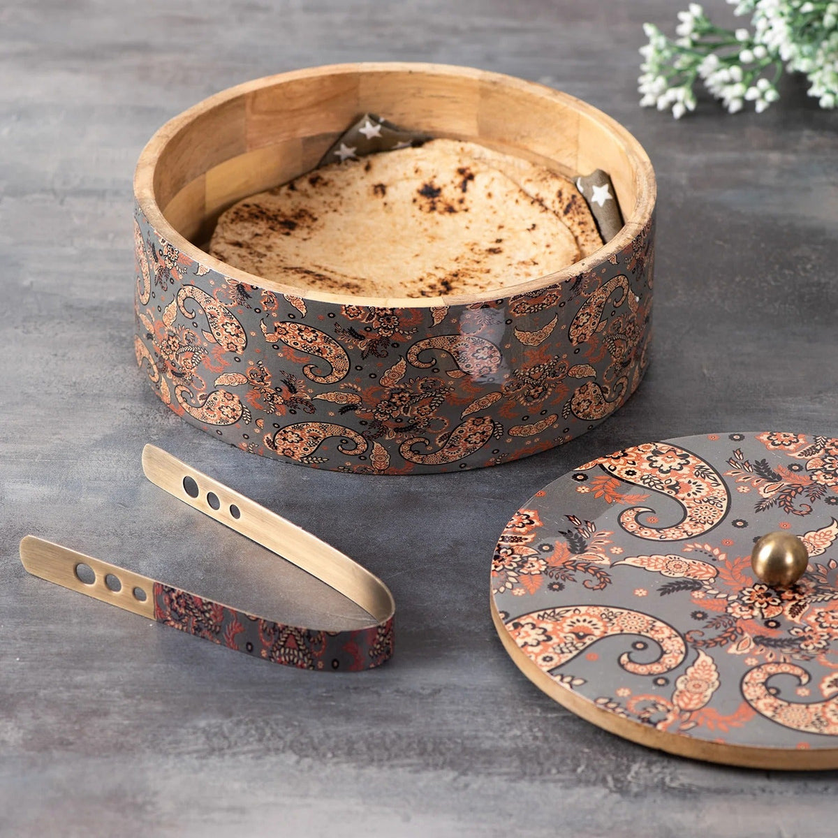 Teak Wood Roti Box with Tong Grey Enamel Print