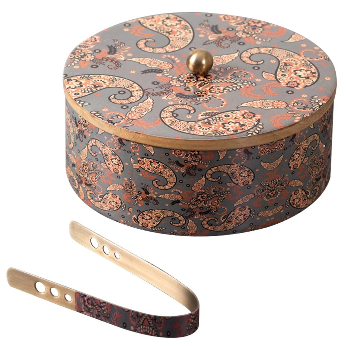 Teak Wood Roti Box with Tong Grey Enamel Print