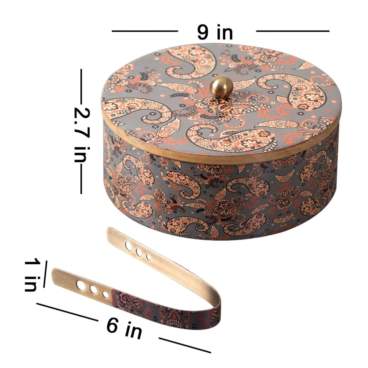 Teak Wood Roti Box with Tong Grey Enamel Print
