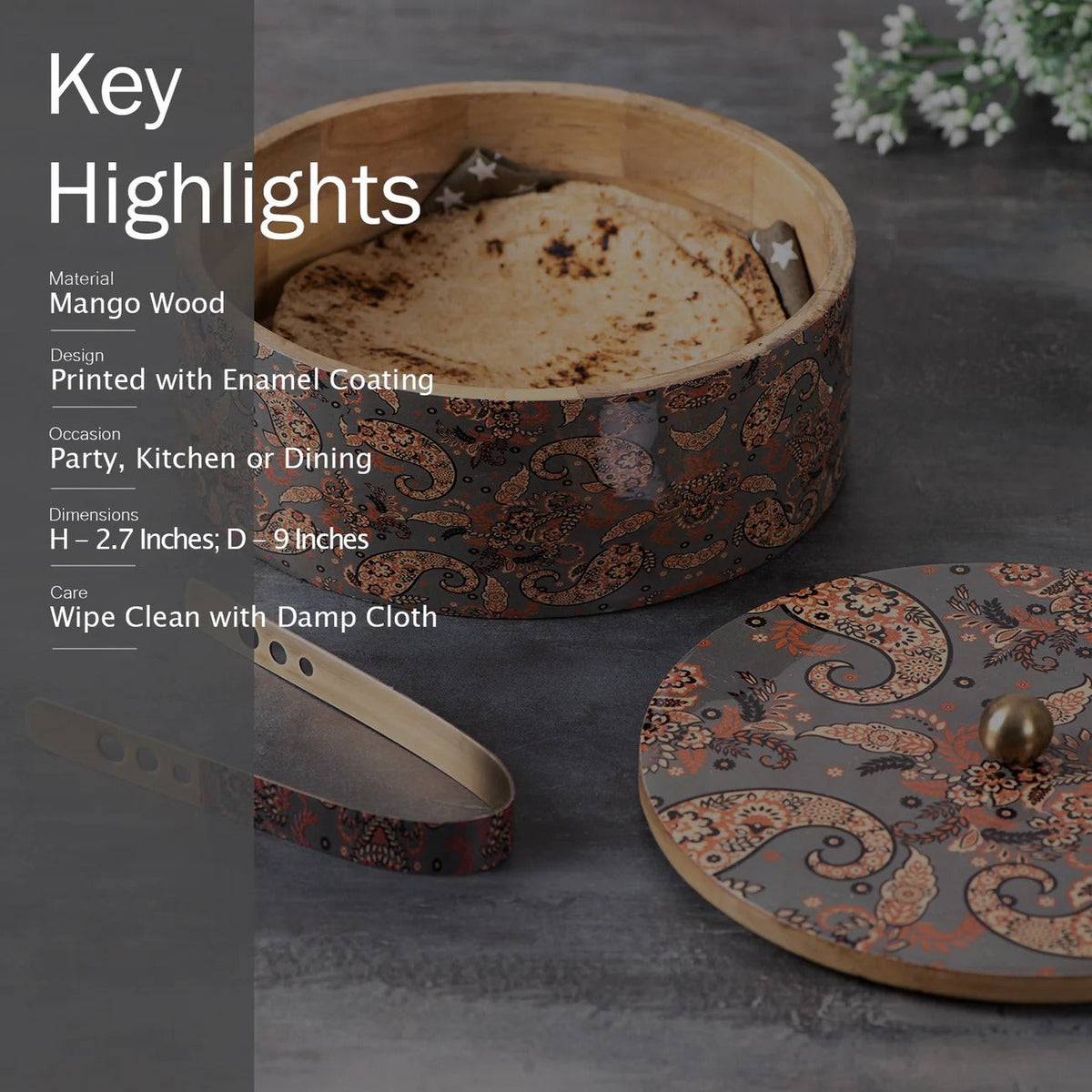 Teak Wood Roti Box with Tong Grey Enamel Print