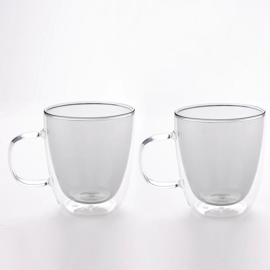 Double Walled Glass Coffee Mug Set of 2 (400 ml), Grey