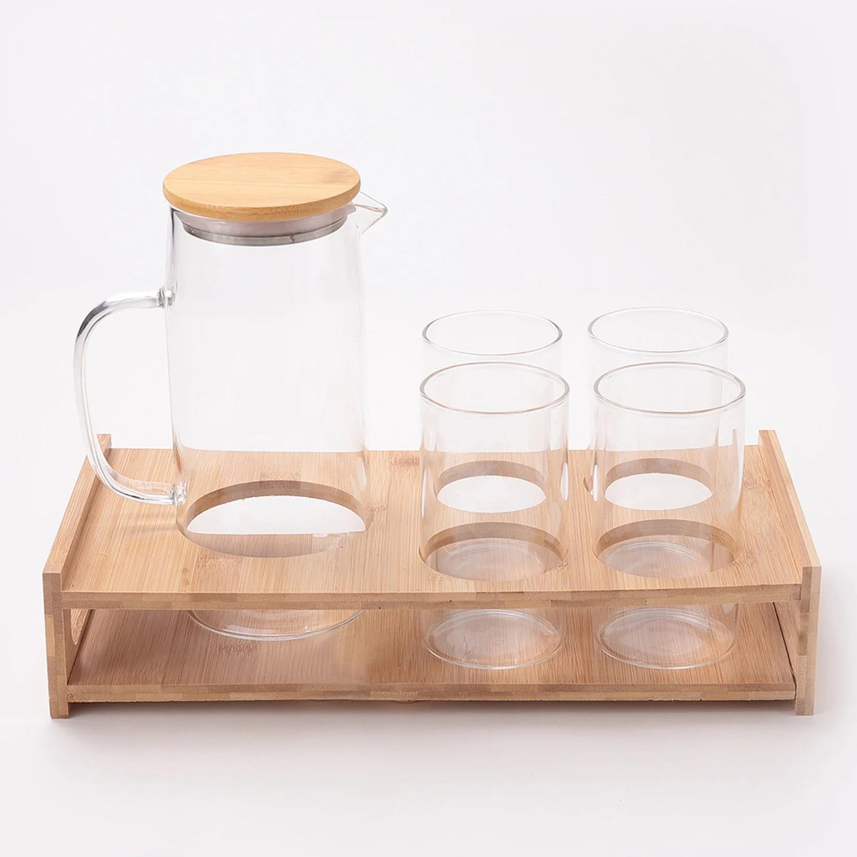Glass Jug 950 ml with Bamboo Tray + 4 Water Glasses 330 ml Housewarming Gift Set