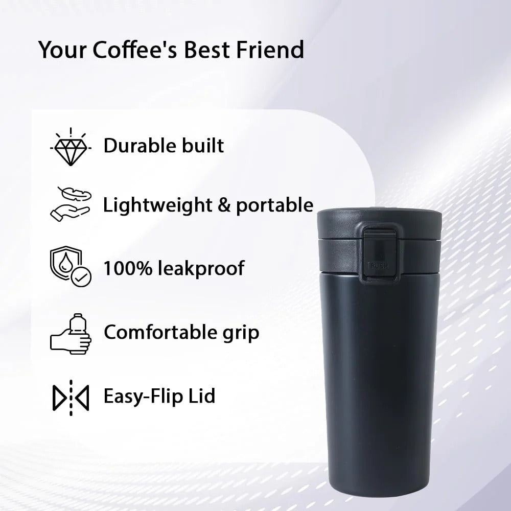 Stainless Steel Insulated Coffee Tumbler with Sipper Lid, 380 ml, Black